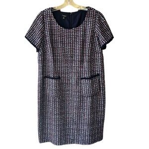 Talbots 14W Petite Sheath Tweed Dress Navy Red Frayed Hem Front Pockets MCM
